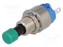 Switch: push-button; Pos: 2; SPST-NO; 0.6A/125VAC; 1A/30VDC; green
