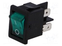 ROCKER; DPST; Pos: 2; OFF-ON; 10A/250VAC; 10A/28VDC; green