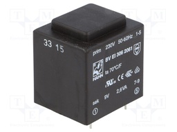 Transformer: encapsulated; 2.6VA; 230VAC; 9V; 289mA; Mounting: PCB