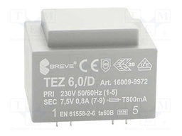 Transformer: encapsulated; 6VA; 230VAC; 7.5V; 800mA; 800mA; IP00