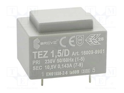 Transformer: encapsulated; 1.5VA; 230VAC; 10.5V; 142.8mA; IP00
