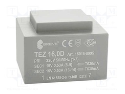 Transformer: encapsulated; 16VA; 230VAC; 15V; 15V; 533.3mA; 533.3mA