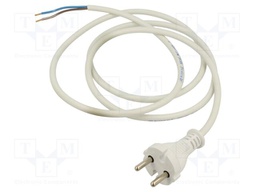 Cable; CEE 7/17 (C) plug,wires; PVC; 1.5m; white; 2x1mm2; 16A; 250V