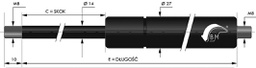 Gas spring; Thread: M8; E: 355mm; Øout: 27mm; Piston diam: 14mm; 800N