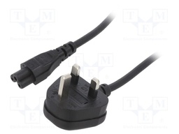 Cable; BS 1363 (G) plug,IEC C5 female; PVC; 1.8m; black; 3A; 250V
