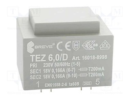 Transformer: encapsulated; 6VA; 230VAC; 18V; 18V; 166.6mA; 166.6mA