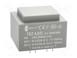 Transformer: encapsulated; 4VA; 230VAC; 6V; 6V; 333.3mA; 333.3mA