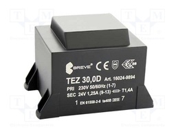 Transformer: encapsulated; 30VA; 230VAC; 24V; 1250mA; Mounting: PCB