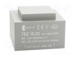 Transformer: encapsulated; 16VA; 230VAC; 24V; 666.6mA; IP00; 420g