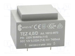 Transformer: encapsulated; 4VA; 230VAC; 12V; 333.3mA; Mounting: PCB