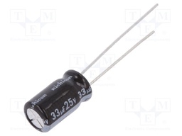 Capacitor: electrolytic; THT; 33uF; 25VDC; Ø6.3x11mm; Pitch: 2.5mm