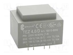 Transformer: encapsulated; 4VA; 230VAC; 15V; 15V; 133.3mA; 133.3mA