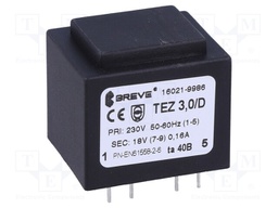 Transformer: encapsulated; 3VA; 230VAC; 18V; 167mA; Mounting: PCB