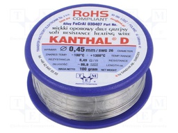 Resistance wire; 8.49Ω/m; -100÷1300°C; 0.1kg; Øout: 0.45mm; FeCrAl