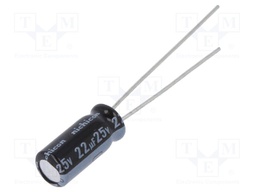 Capacitor: electrolytic; THT; 22uF; 25VDC; Ø5x11mm; Pitch: 2mm; ±20%