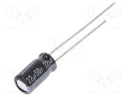 Capacitor: electrolytic; THT; 22uF; 50VDC; Ø5x9mm; Pitch: 2mm; ±20%