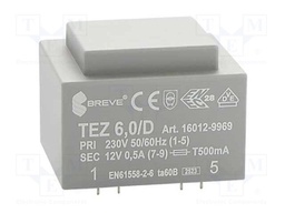 Transformer: encapsulated; 6VA; 230VAC; 12V; 500mA; Mounting: PCB