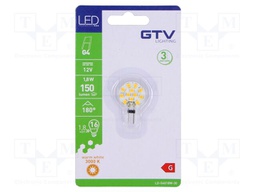 LED lamp; warm white; G4; 12VDC; 150lm; 1.8W; 180°; 3000K