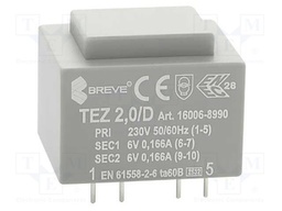 Transformer: encapsulated; 2VA; 230VAC; 6V; 6V; 166.6mA; 166.6mA
