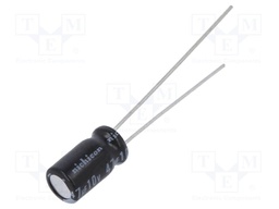 Capacitor: electrolytic; THT; 47uF; 10VDC; Ø5x9mm; Pitch: 2mm; ±20%