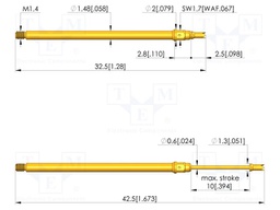 Test needle; Spring compression: 6mm; 10mm; 1A; steel; gold-plated