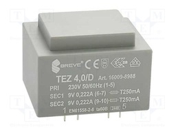 Transformer: encapsulated; 4VA; 230VAC; 9V; 9V; 222.2mA; 222.2mA