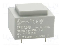 Transformer: encapsulated; 1.5VA; 230VAC; 15V; 100mA; Mounting: PCB