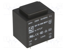 Transformer: encapsulated; 2.8VA; 230VAC; 9V; 311mA; Mounting: PCB