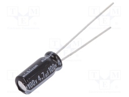 Capacitor: electrolytic; THT; 4.7uF; 100VDC; Ø5x11mm; Pitch: 2mm