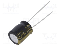 Capacitor: electrolytic; THT; 330uF; 25VDC; Ø10x12.5mm; Pitch: 5mm