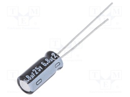 Capacitor: electrolytic; THT; 6.8uF; 25VDC; Ø5x11mm; Pitch: 2mm