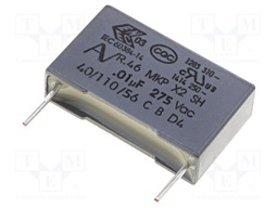 Capacitor: polypropylene; X2; 10nF; 15mm; ±10%; 18x5x11mm; 275VAC