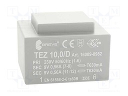 Transformer: encapsulated; 10VA; 230VAC; 9V; 9V; 555.5mA; 555.5mA