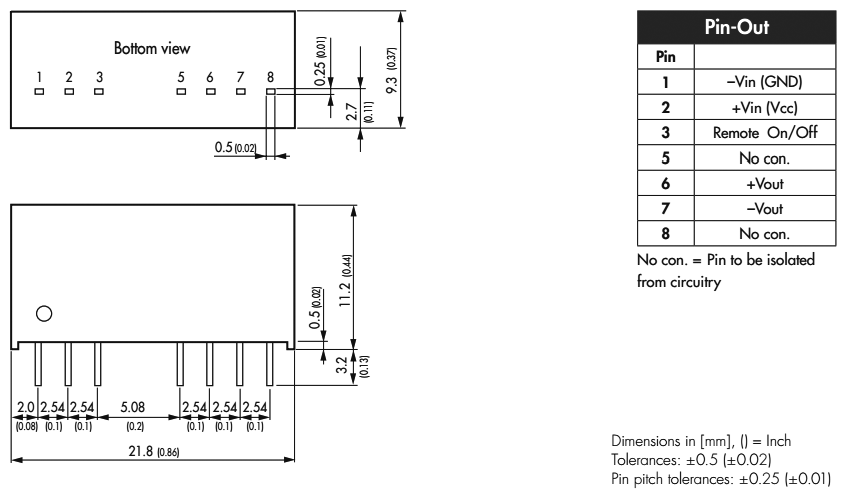 Converter: DC/DC; 2W; Uin: 9÷18V; Uout: 12VDC; Iout: 167mA; SIP8; 4.8g