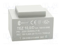 Transformer: encapsulated; 10VA; 230VAC; 18V; 555.5mA; IP00; 280g