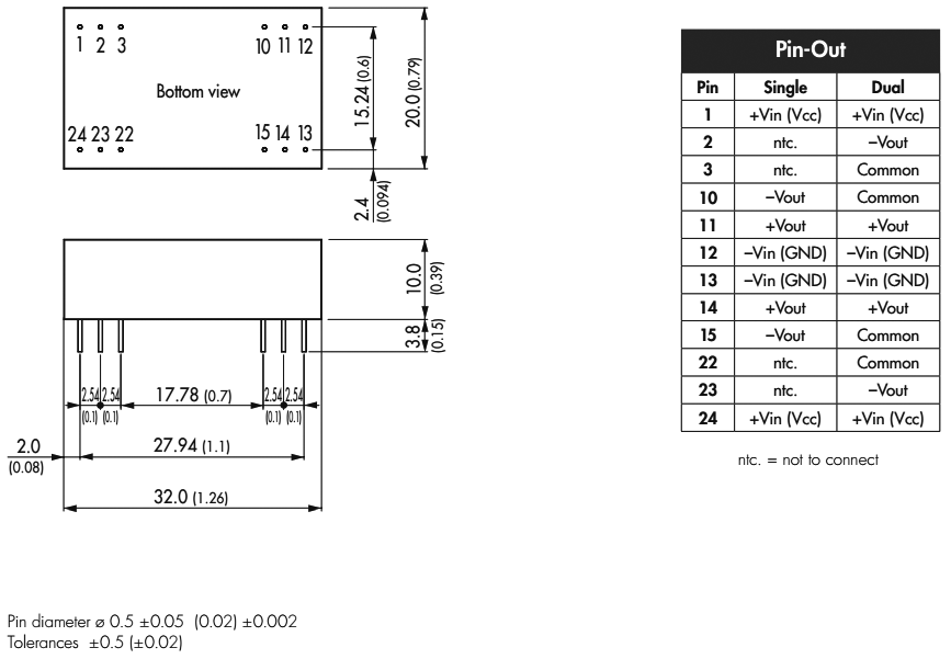 Converter: DC/DC; 3W; Uin: 10.8÷13.2V; Uout: 5VDC; Iout: 600mA; DIP24