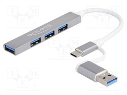 Hub USB; USB A socket x4,USB A plug,USB C plug; PnP; silver
