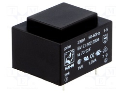 Transformer: encapsulated; 1VA; 230VAC; 15V; 67mA; Mounting: PCB
