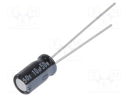 Capacitor: electrolytic; THT; 10uF; 50VDC; Ø5x9mm; Pitch: 2mm; ±20%