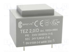 Transformer: encapsulated; 2VA; 230VAC; 24V; 83.3mA; Mounting: PCB