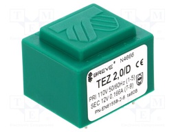 Transformer: encapsulated; 2VA; 110VAC; 12V; Mounting: PCB; IP00