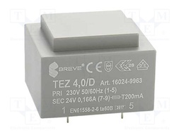 Transformer: encapsulated; 4VA; 230VAC; 24V; 166.6mA; Mounting: PCB