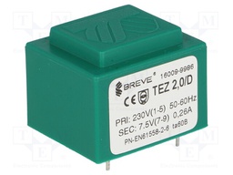 Transformer: encapsulated; 2VA; 230VAC; 7.5V; 266.6mA; IP00; 90g