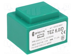 Transformer: encapsulated; 6VA; 230VAC; 6V; 1000mA; Mounting: PCB