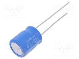 Capacitor: electrolytic; THT; 47uF; 63VDC; Ø10x12.5mm; Pitch: 5mm
