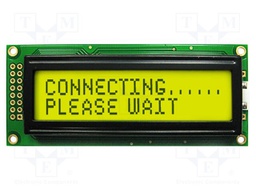 Display: LCD; STN Positive; 16x2; yellow-green; 85x36mm; LED; 2x8