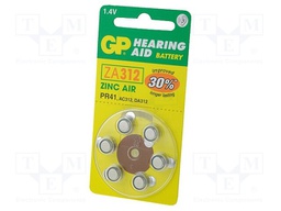 Battery: zinc air (ZnO2); 1.4V; AC312,R36; non-rechargeable