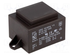 Transformer: encapsulated; 6VA; 230VAC; 12V; 12V; 250mA; 250mA; 200g