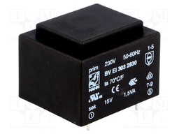 Transformer: encapsulated; 1.5VA; 230VAC; 15V; 100mA; Mounting: PCB
