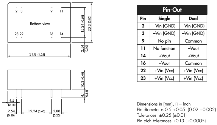 Converter: DC/DC; 6W; Uin: 9÷36V; 3.3VDC; Iout: 1200mA; DIP24; 13g